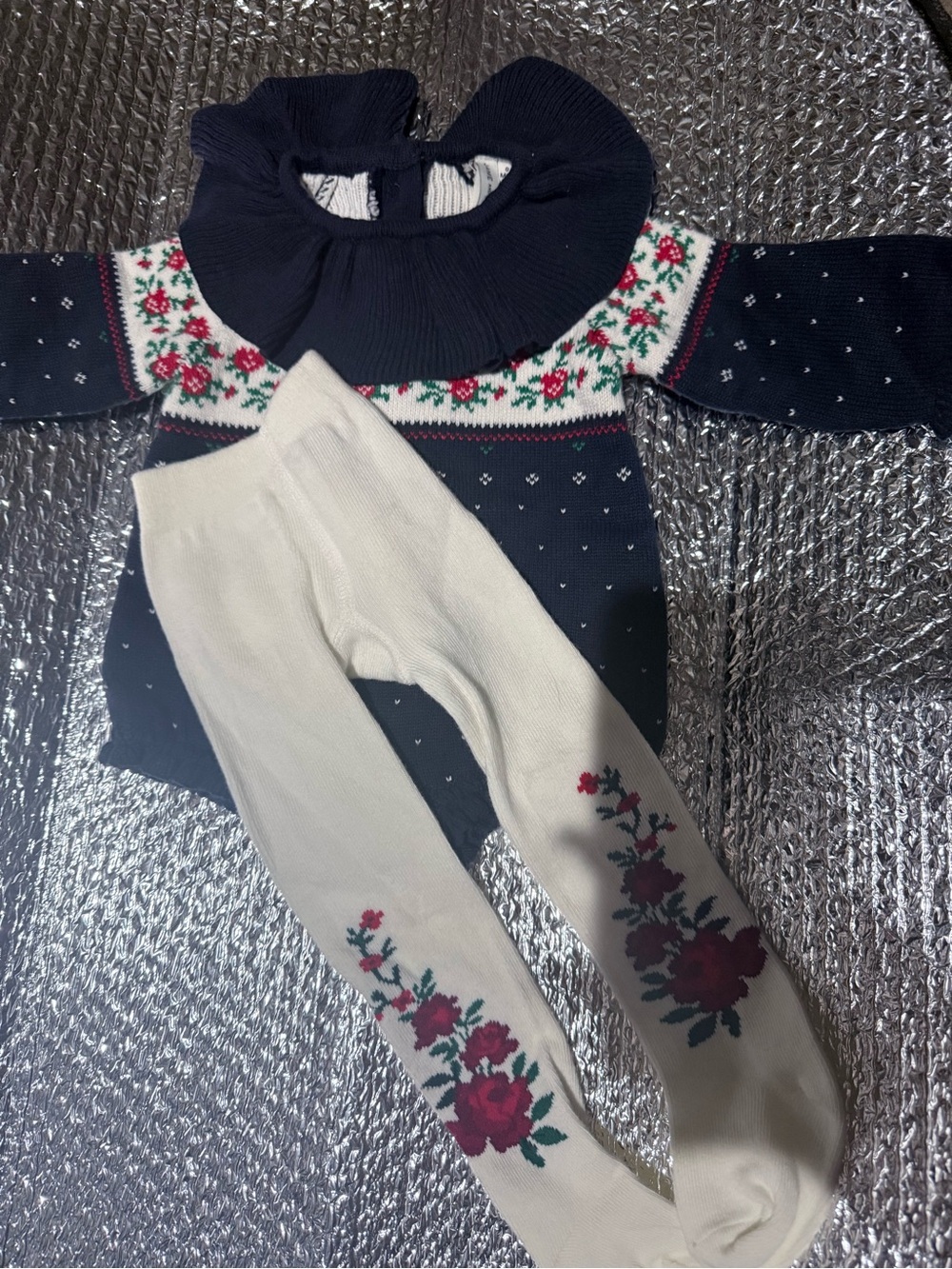 Janie and Jack Navy Knit Sweater with Red and Cream Floral Accents